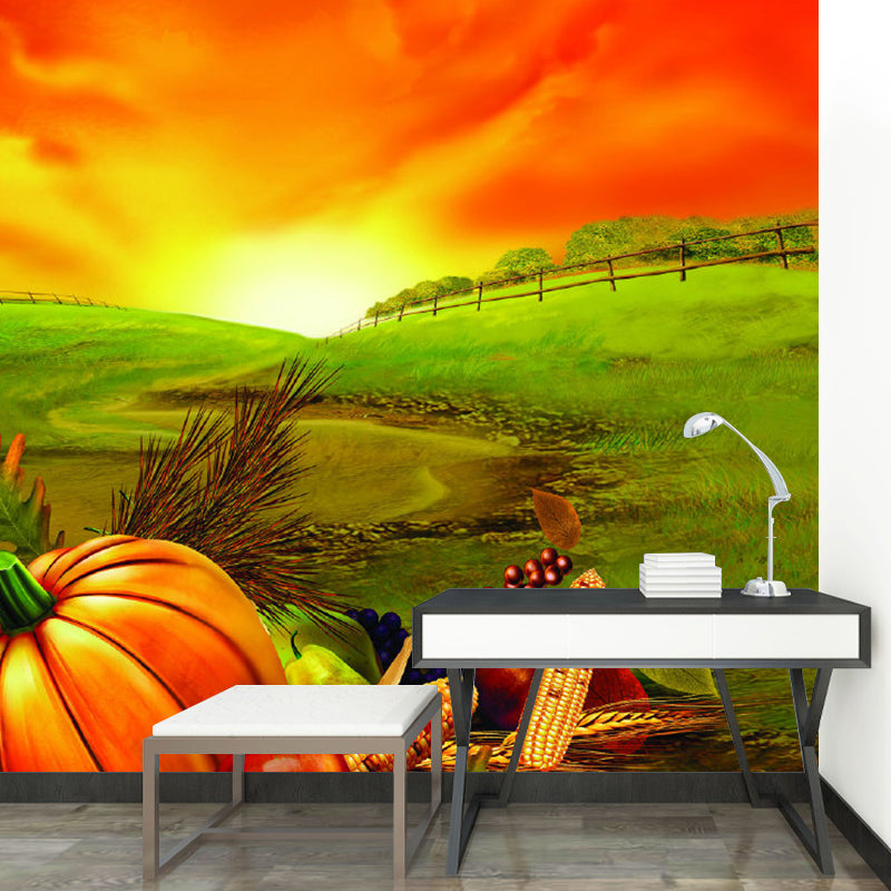 Food Harvest at Dusk Murals Wallpaper Farmhouse Non-Woven Wall Covering in Orange-Green