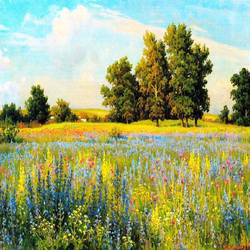 Rustic Autumn Landscape Painting Mural Yellow-Green Living Room Wall Decor, Custom Size