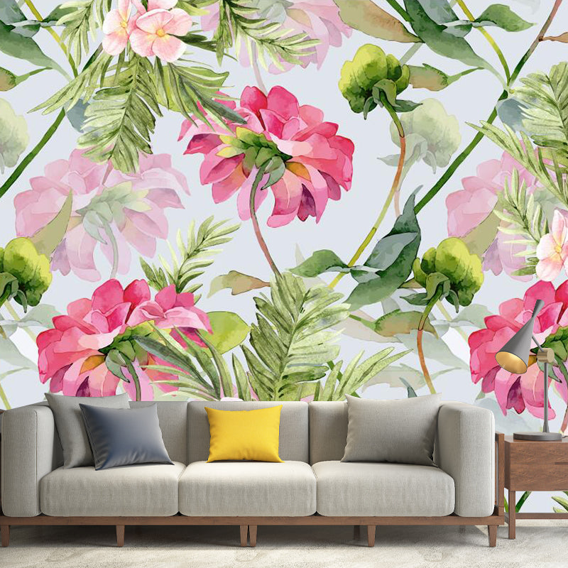 Cottage Apricot Blossom Mural Decal Pink and Green Flower Wall Decor for Bedroom