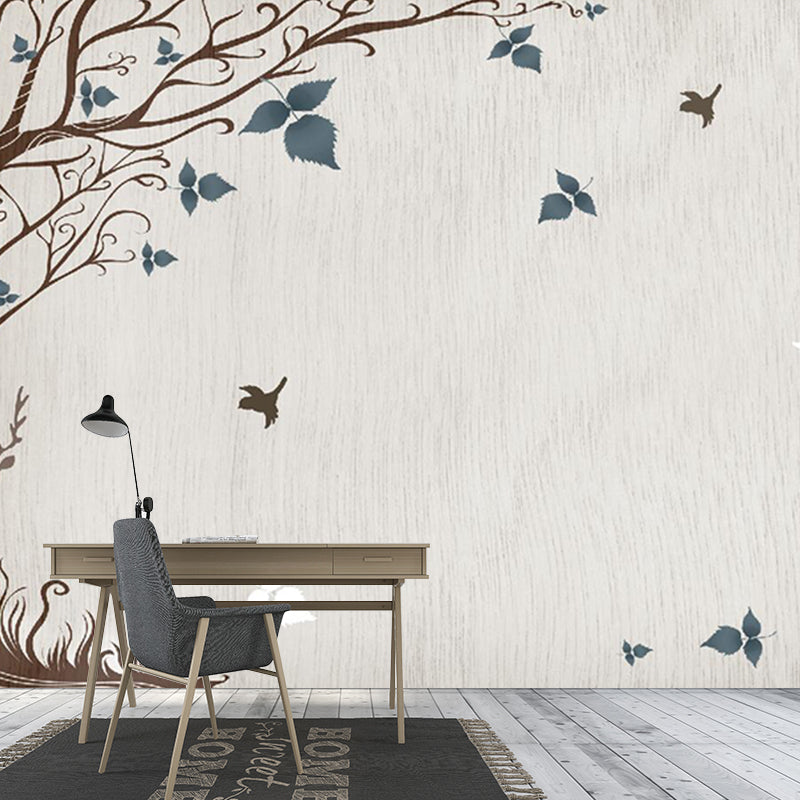 Grey-Blue Tree Wallpaper Murals Water Resistant Rustic Living Room Wall Art, Non-Woven