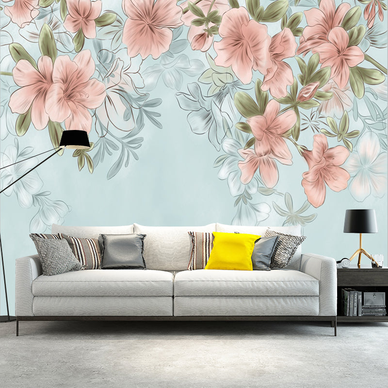 Country Girls Wallpaper Murals with Blooming Peach Pattern Pink and Blue Wall Decor