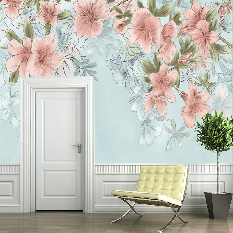 Country Girls Wallpaper Murals with Blooming Peach Pattern Pink and Blue Wall Decor
