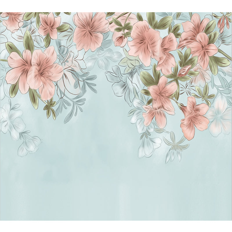 Country Girls Wallpaper Murals with Blooming Peach Pattern Pink and Blue Wall Decor