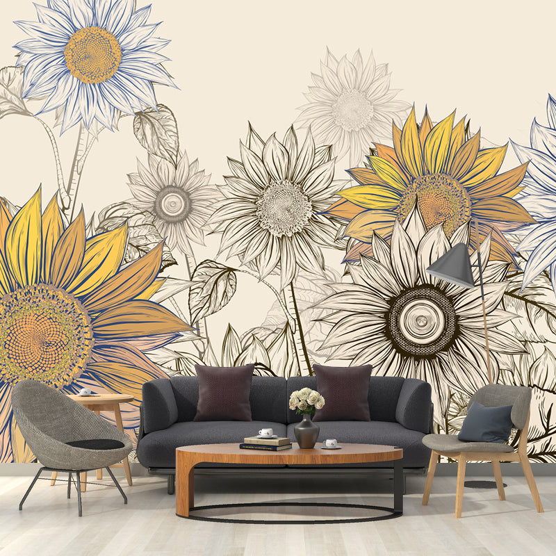Modern Sketch Sunflower Mural Decal for Bedroom Personalized Wall Art in Yellow-Blue