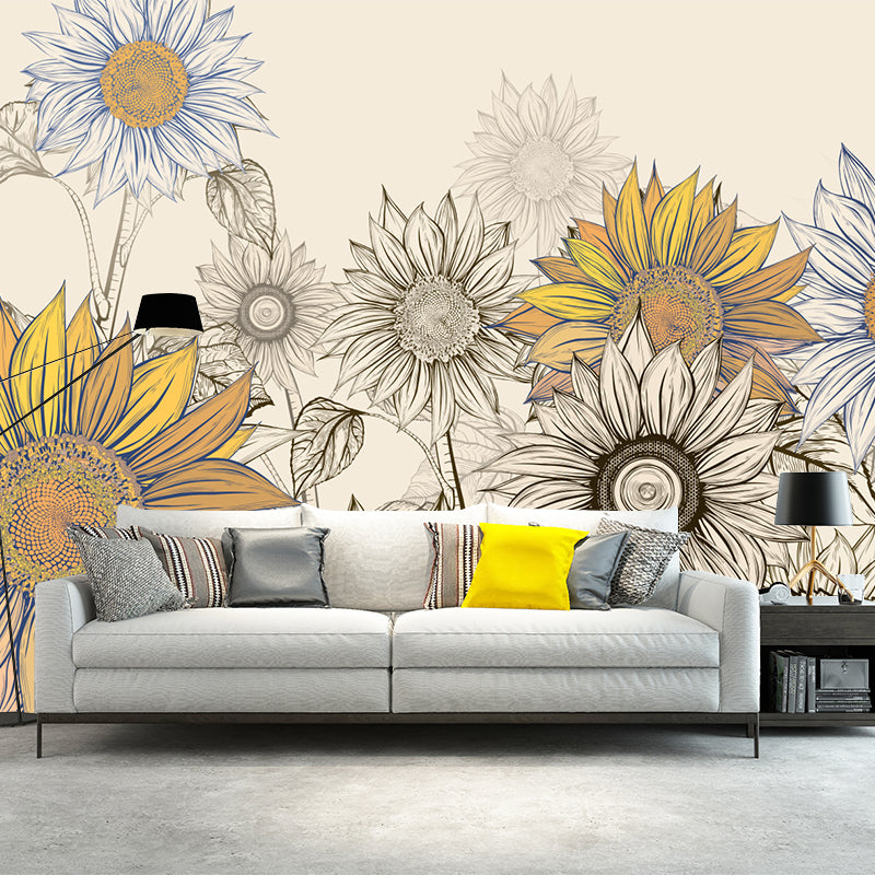 Modern Sketch Sunflower Mural Decal for Bedroom Personalized Wall Art in Yellow-Blue