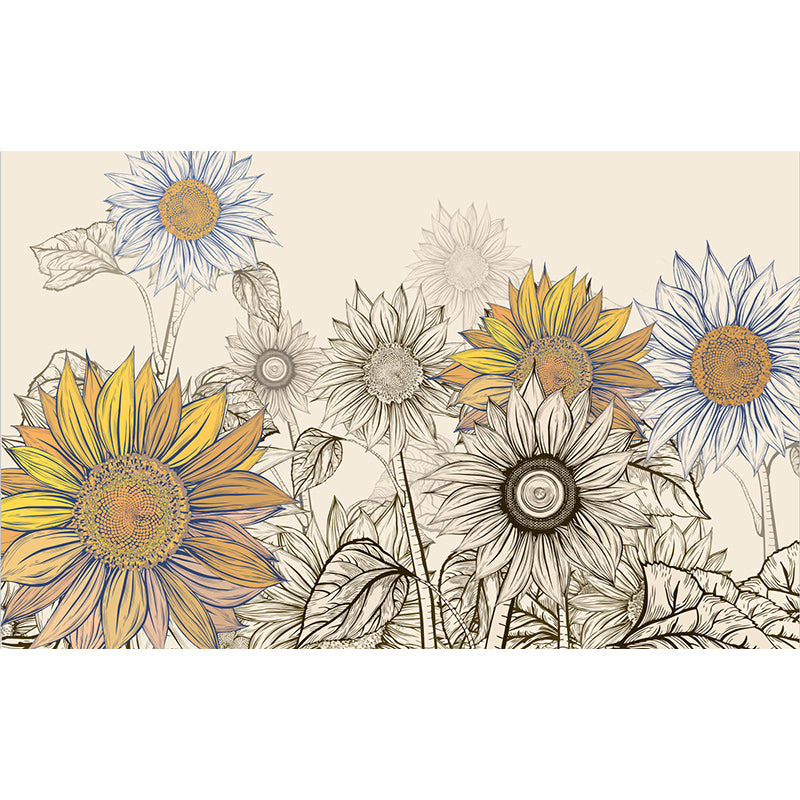 Modern Sketch Sunflower Mural Decal for Bedroom Personalized Wall Art in Yellow-Blue