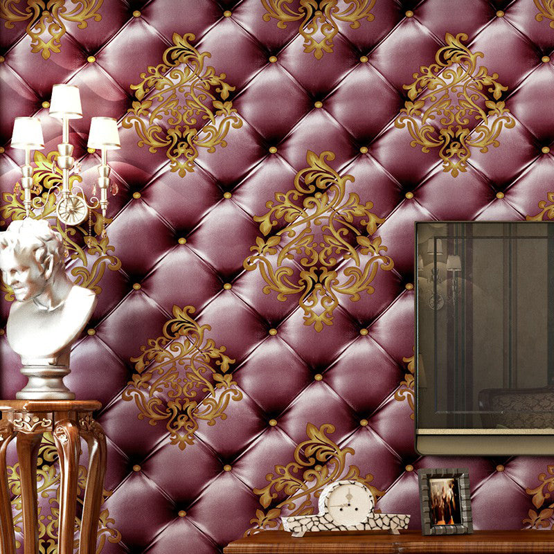 Damask Chesterfield Leather Wallpaper Vintage PVC Wall Covering in Purple and Red