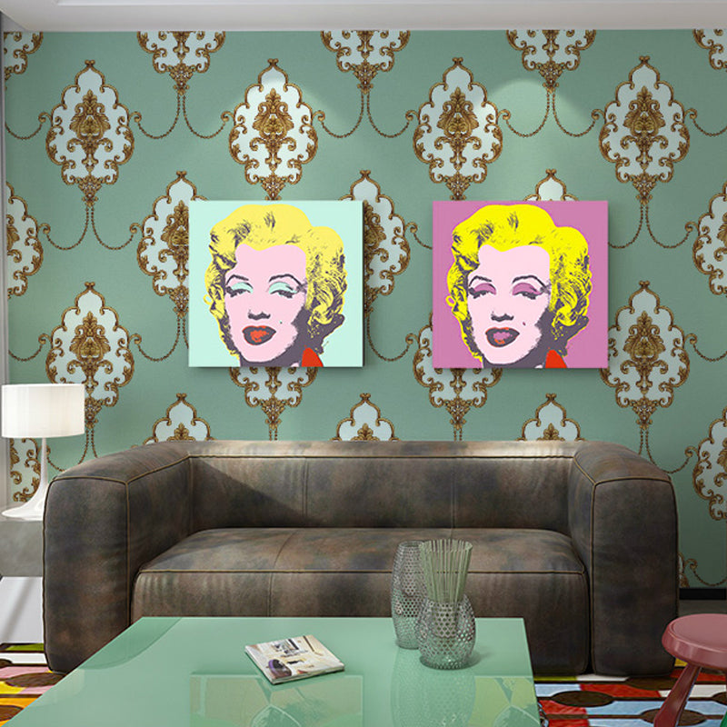 Grüne Vintage-Tapete, 5,5 m², Wanddekoration mit Medaillonmuster für das Wohnzimmer, 3D-geprägte Textur