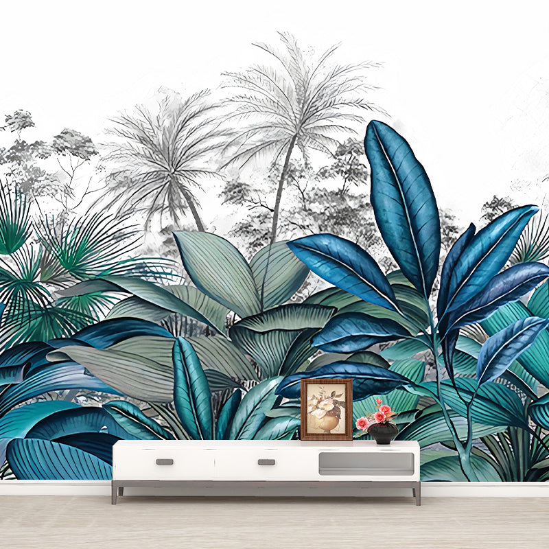 Tropical Plant Ginger Leaf Mural Decal Blue and White Water Resistant Wall Art for Bedroom