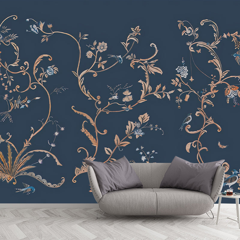 Dark Color Rustic Wall Mural Large Size Swirl Flower Wall Decor for Home, Non-Woven