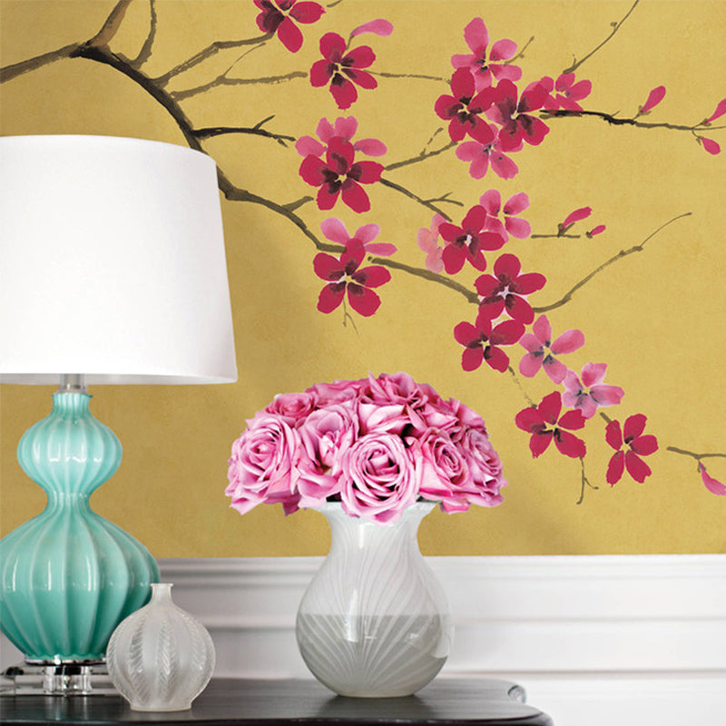 Enchanting Plum Branch Mural Decal Moisture Resistant Asian Bedroom Wall Art in Dark Color