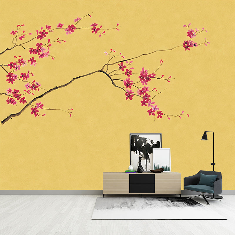 Enchanting Plum Branch Mural Decal Moisture Resistant Asian Bedroom Wall Art in Dark Color