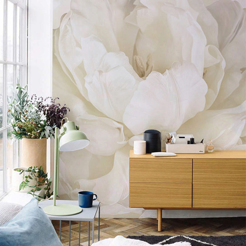 Close-Up Peony Blossom Murals White Minimalist Wall Covering for Living Room Decor