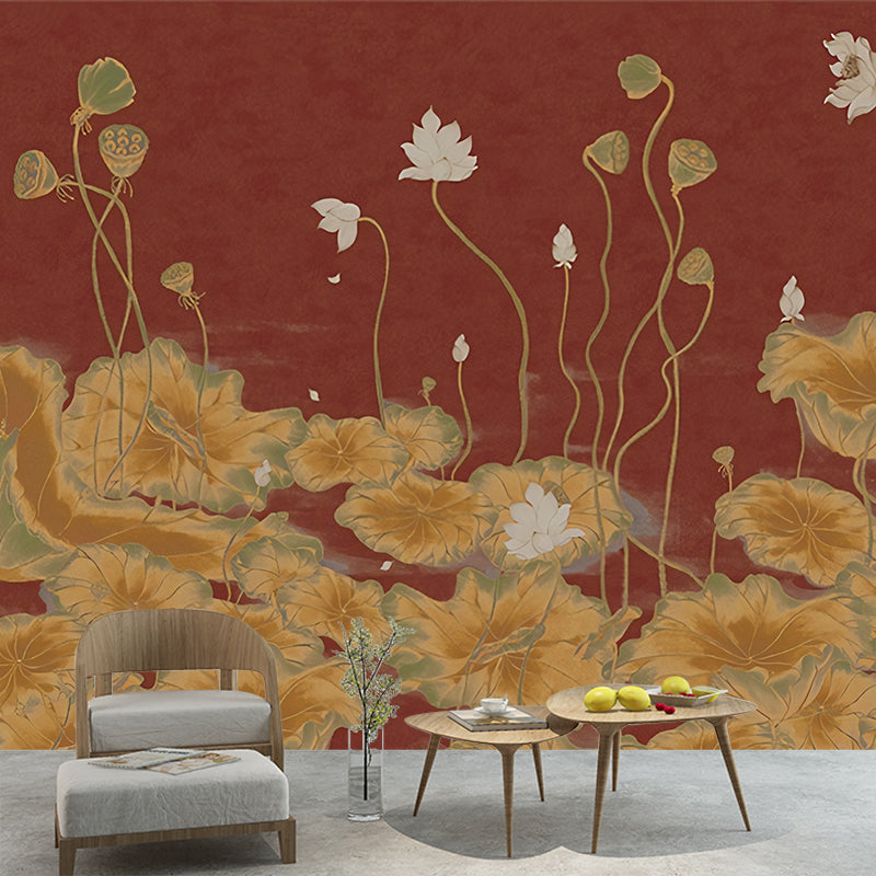 Lotus Pond Painting Wall Mural Dark Color Chinoiserie Wall Covering for Study Room