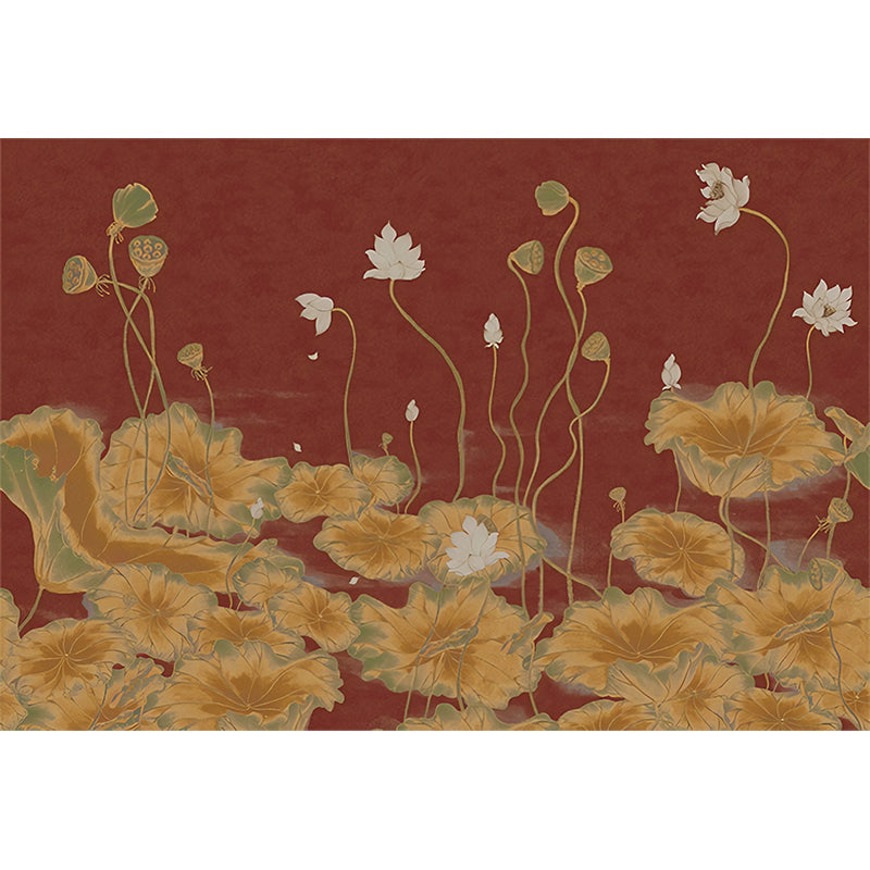 Lotus Pond Painting Wall Mural Dark Color Chinoiserie Wall Covering for Study Room