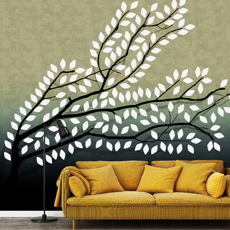 Yellow-Green Artistic Wall Murals Full Size Leafy Branch Wall Covering for Living Room