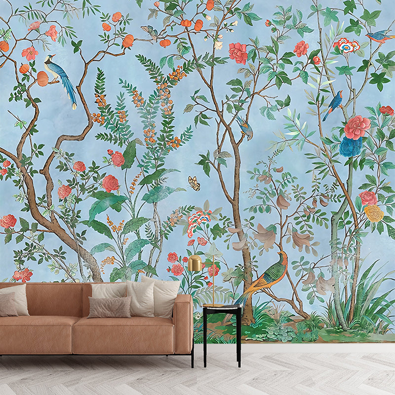 Personalized Illustration Stylish Murals with Bird and Flower Bushes Pattern in Soft Color