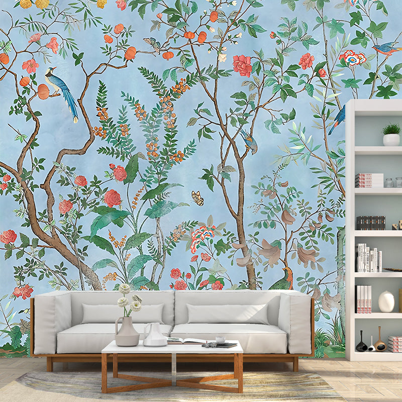 Personalized Illustration Stylish Murals with Bird and Flower Bushes Pattern in Soft Color