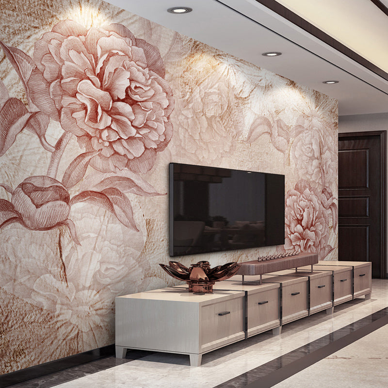 Big Peony Blossom Wall Mural Moisture Resistant Trendy Living Room Wall Covering in Light Pink