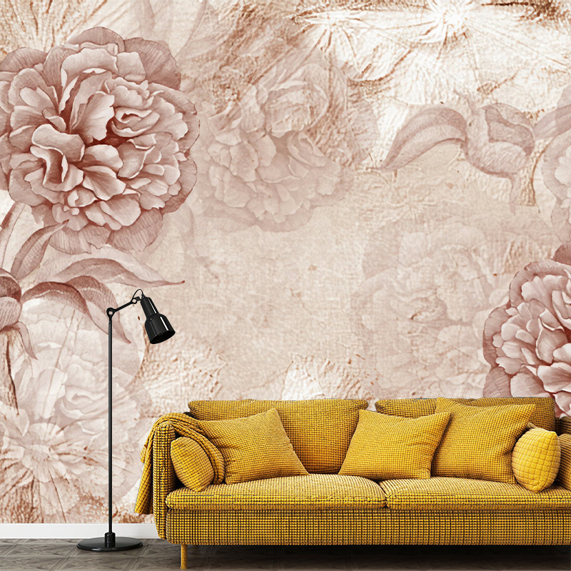 Big Peony Blossom Wall Mural Moisture Resistant Trendy Living Room Wall Covering in Light Pink