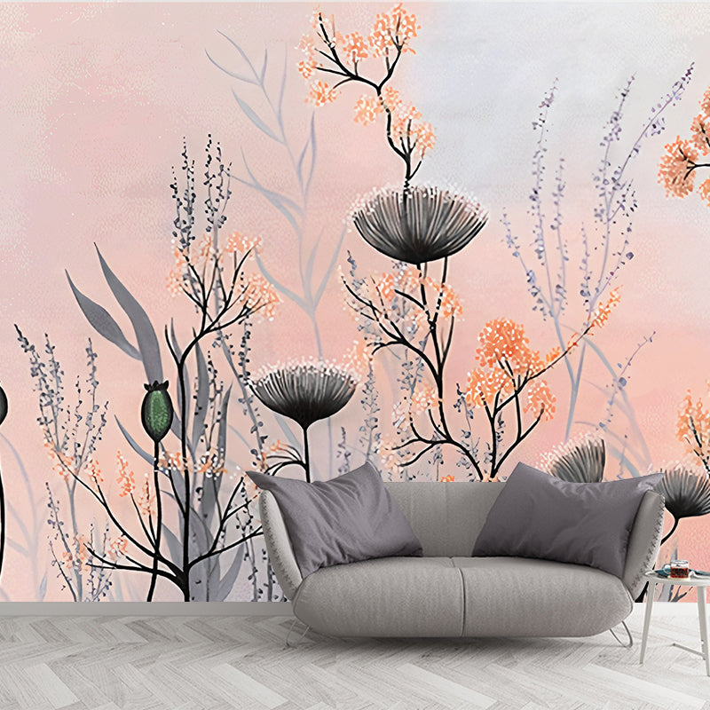 Illustration Plant Bushes Wall Murals for Dining Room in Light Color, Made to Measure