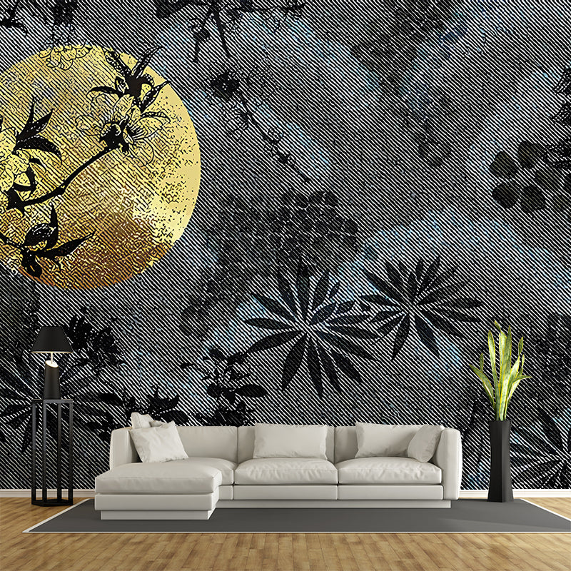 Moon and Flower Shadow Murals Contemporary Stain-Resistant Bedroom Wall Decor, Custom Size