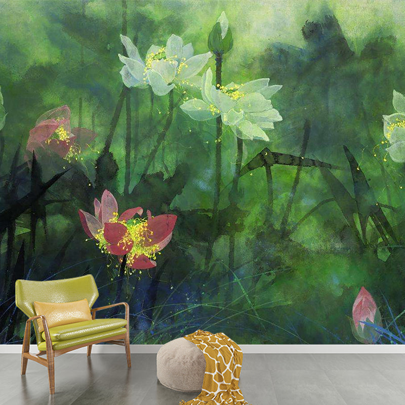 Modernist Flower Lotus Murals Decal Green Water Resistant Wall Art for Living Room