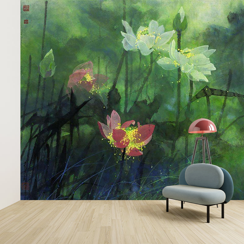Modernist Flower Lotus Murals Decal Green Water Resistant Wall Art for Living Room