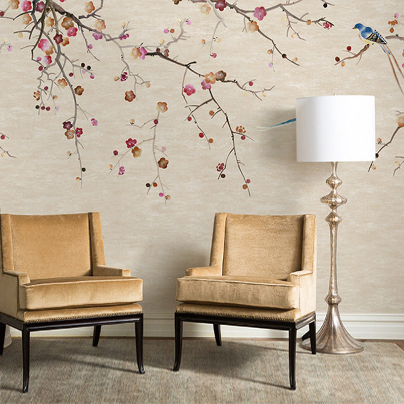 Oriental Blooming Plum Wall Murals for Living Room Custom Wall Covering in Pastel Color
