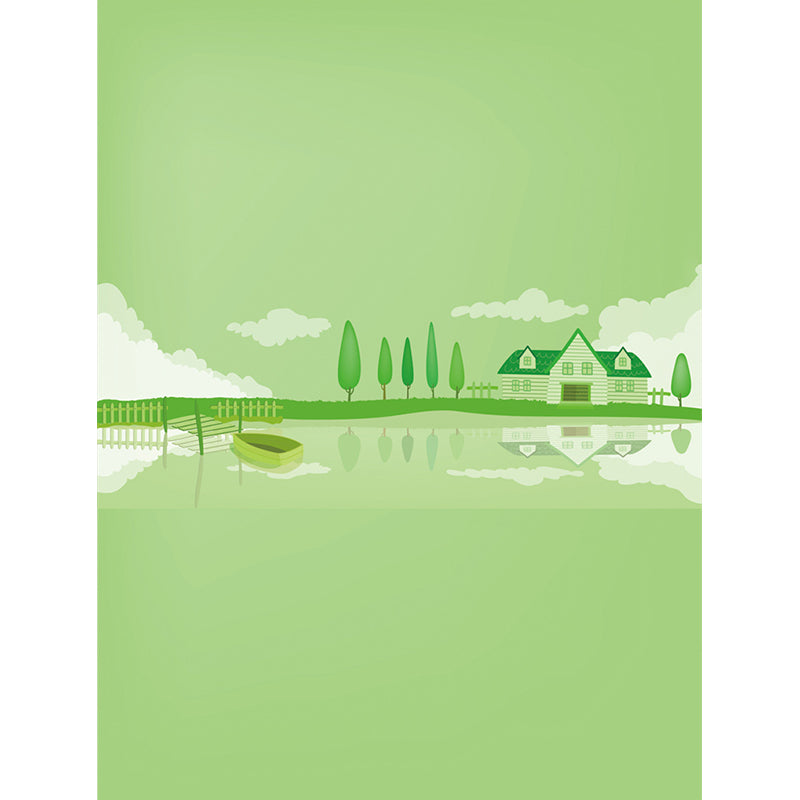 Green Lakeside House Wall Mural Decal Fantasy Cartoon Waterproof Wall Art for Nursery