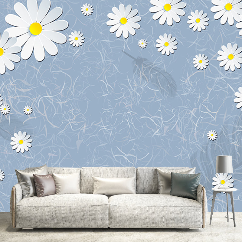 Illustration Daisy Flower Wallpaper Mural for Bedroom Decor, Blue-Yellow-White, Custom Print