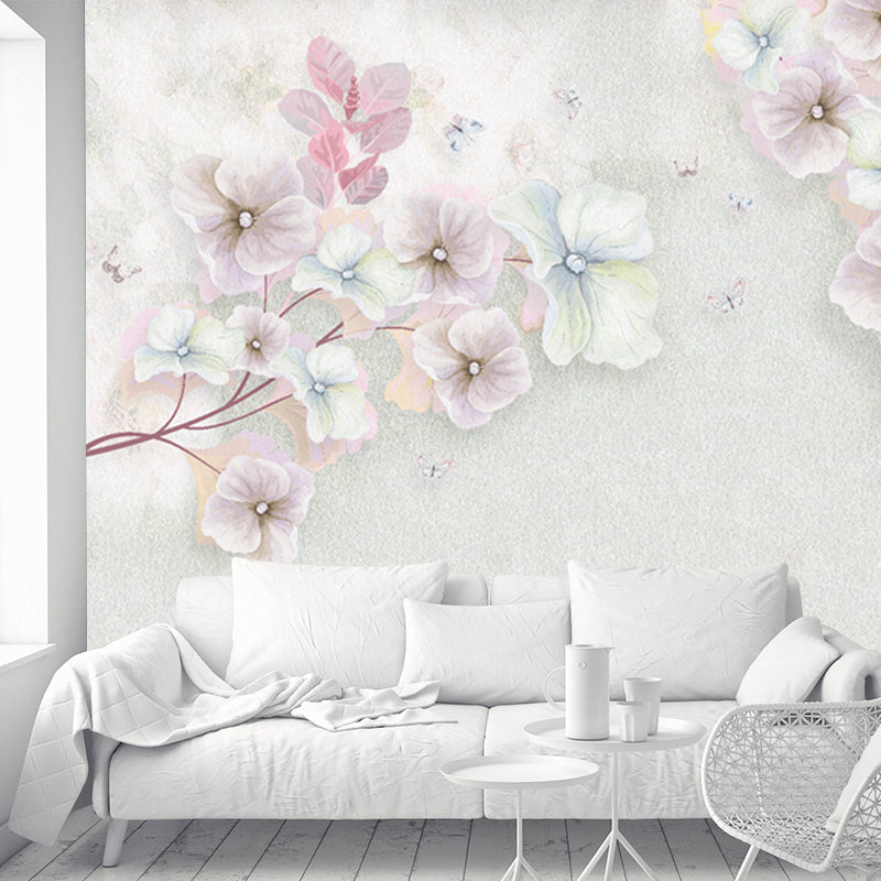Pink Flowering Apricot Mural Decal Stain-Resistant Wall Covering for Living Room