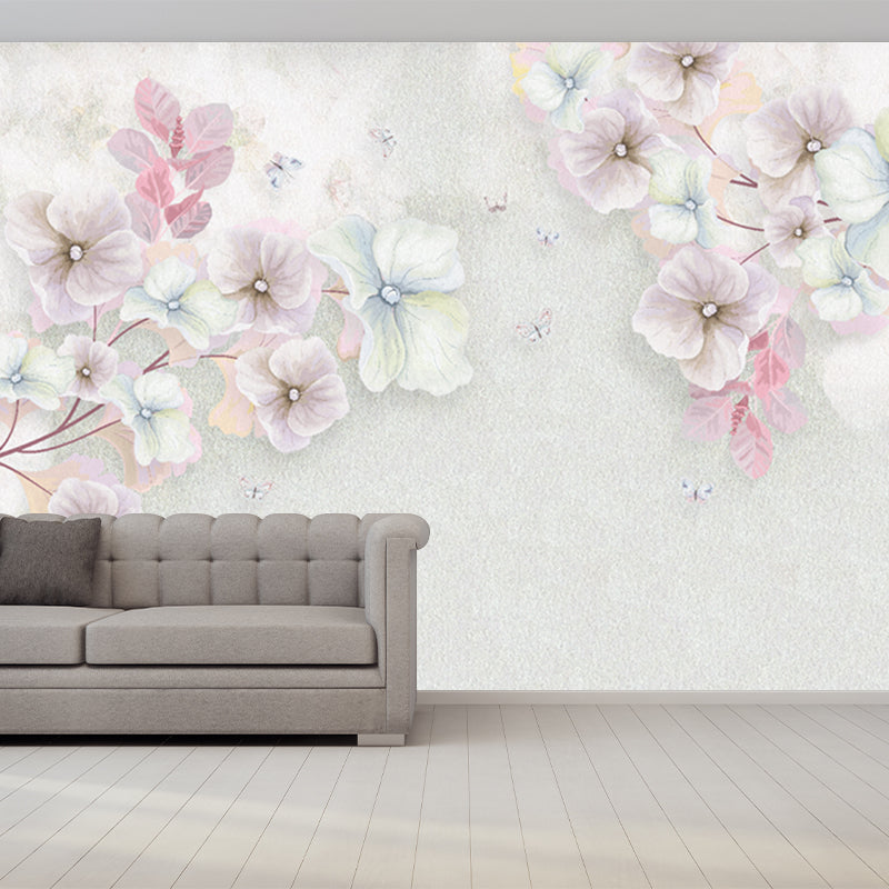 Pink Flowering Apricot Mural Decal Stain-Resistant Wall Covering for Living Room