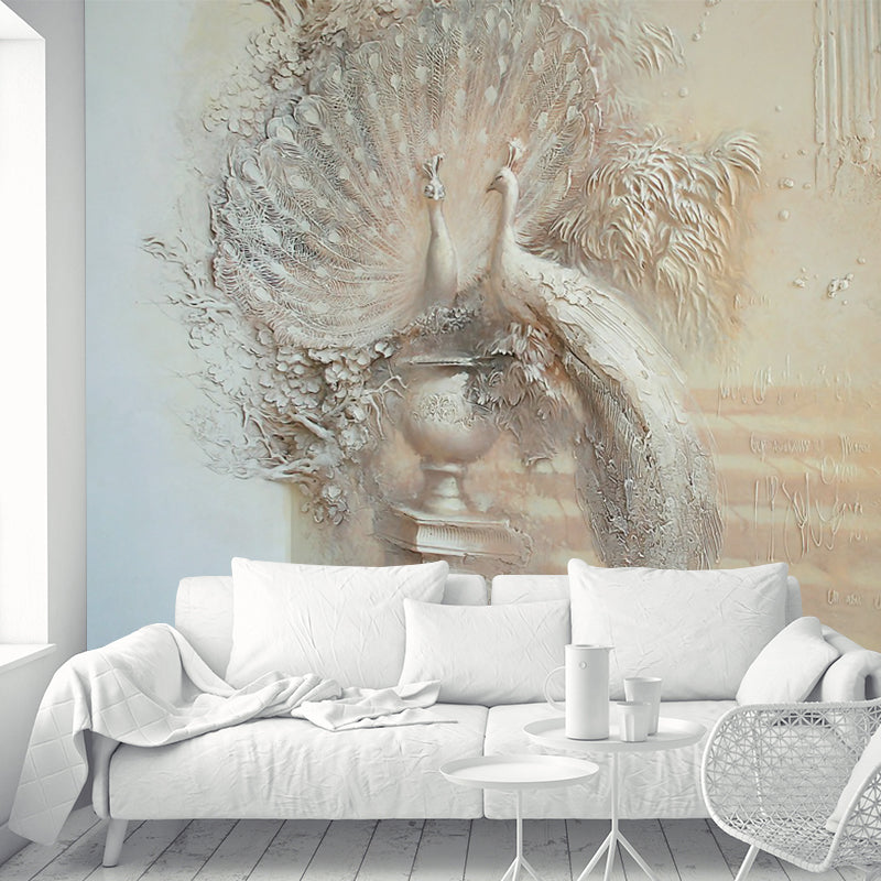 Embossed Peacock Animal Mural Decal Modern Style Smooth Surface Wall Art in Brown