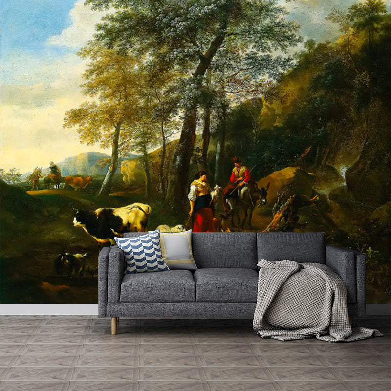 Classic Grazing Painting Wallpaper Murals Brown Moisture Resistant Wall Decor for Home
