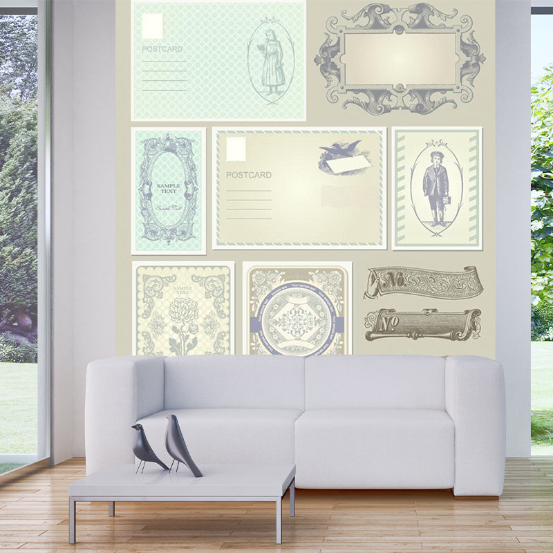 Retro Postcard Print Mural Wallpaper for Home Gallery Customized Wall Art in Beige
