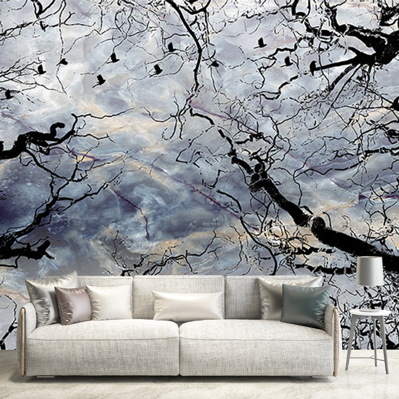 Sky and Withered Tree Murals Black-Blue Contemporary Wall Covering for Living Room