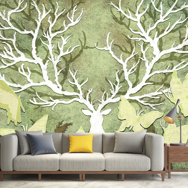 Rural Butterfly and Antler Mural Wallpaper for Home Personalized Wall Decor in Yellow-Green
