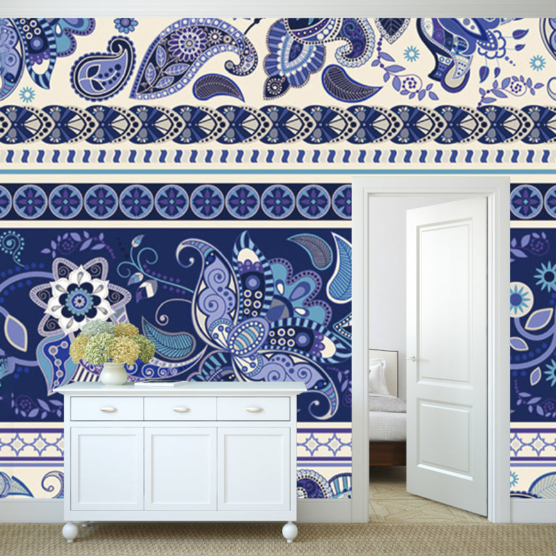 Bohemia Floral Wallpaper Murals for Living Room Custom Size Wall Art in Blue-Purple