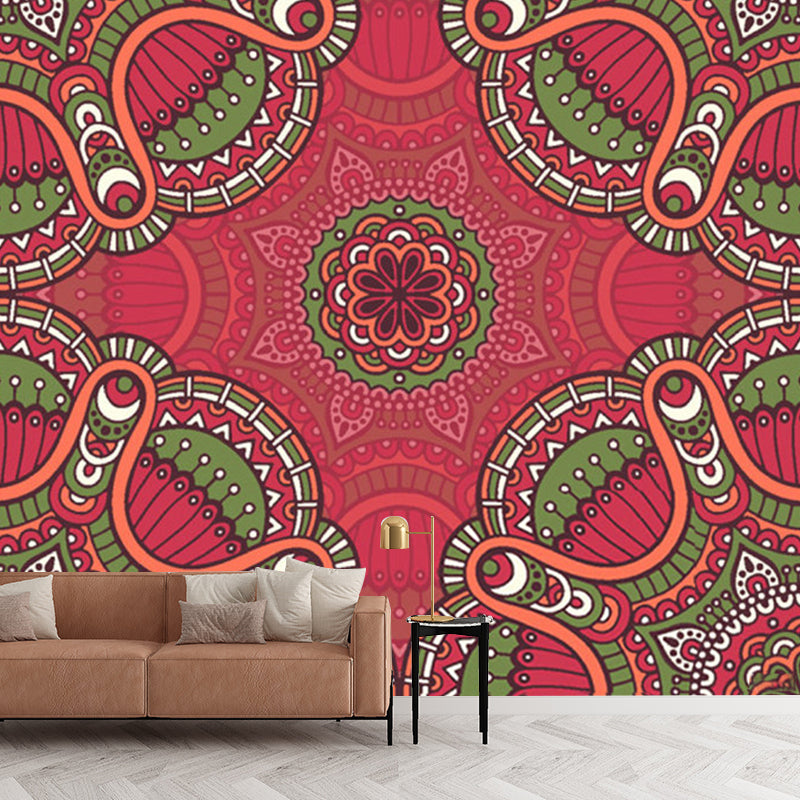Large Boho Style Wall Mural Decal Red-Green Abstract Wall Art, Custom Size Available