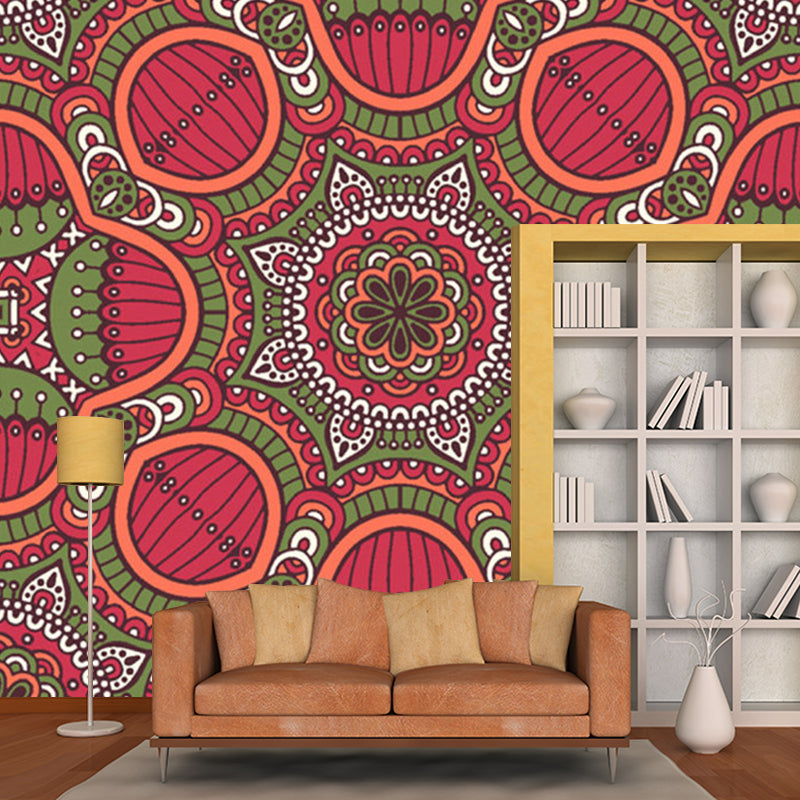 Large Boho Style Wall Mural Decal Red-Green Abstract Wall Art, Custom Size Available