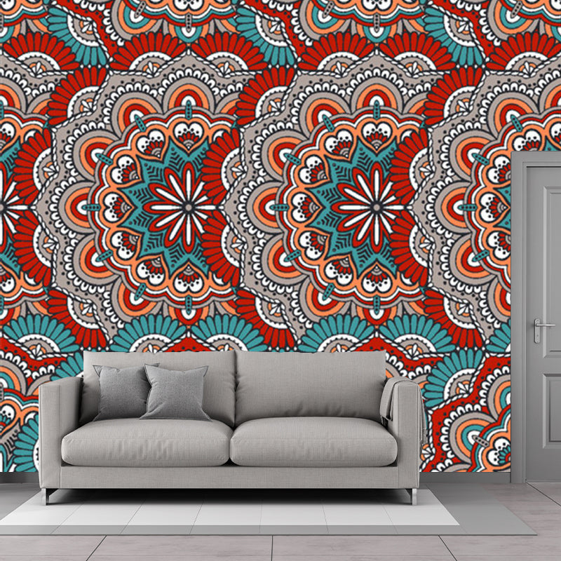 Custom Illustration Boho Wallpaper Murals with Scalloped Pattern in Red and Blue