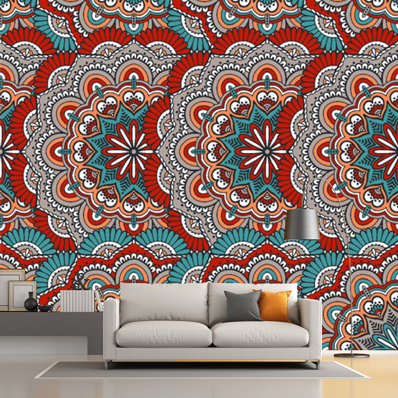 Custom Illustration Boho Wallpaper Murals with Scalloped Pattern in Red and Blue