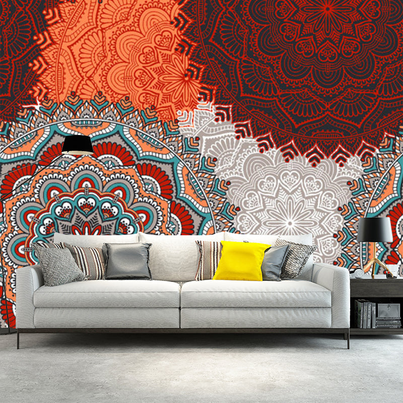 Abstract Flowers Murals Wallpaper Bohemia Non-Woven Cloth Wall Art in Orange Red