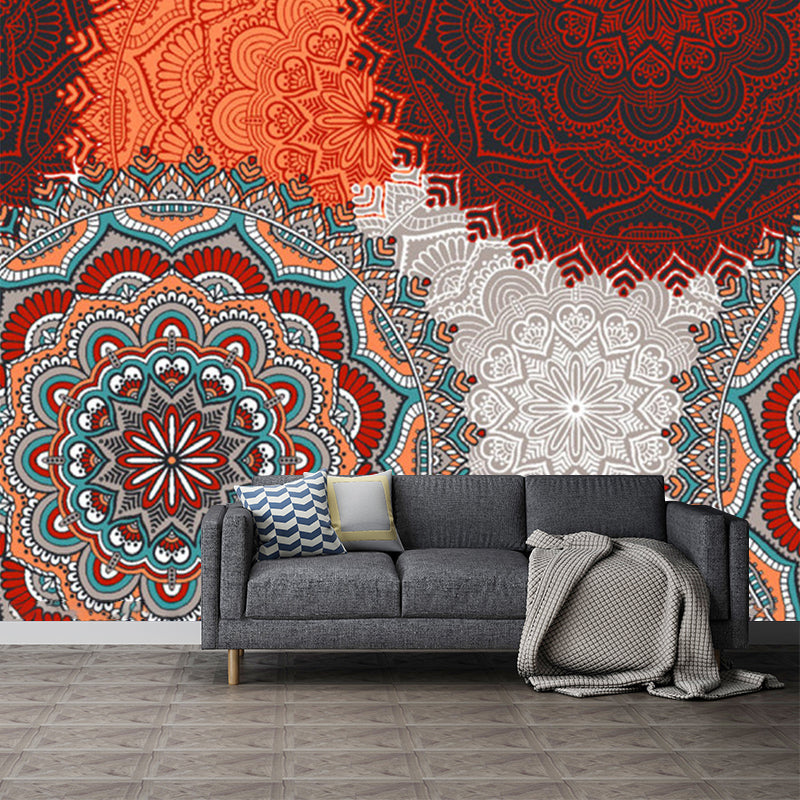 Abstract Flowers Murals Wallpaper Bohemia Non-Woven Cloth Wall Art in Orange Red