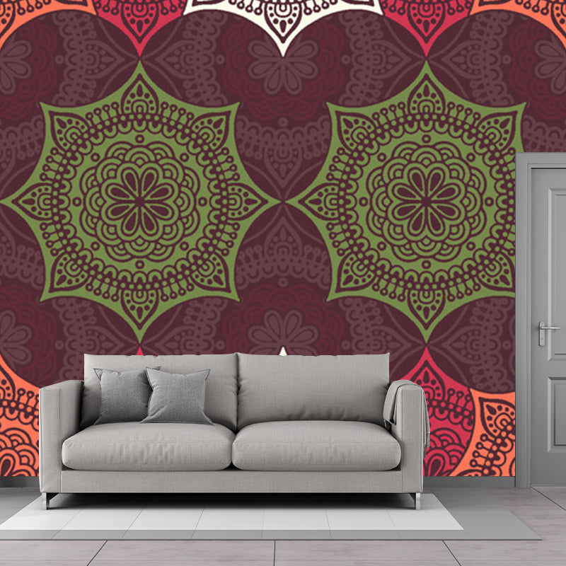 Boho-Chic Floral Pattern Murals Orange and Green Living Room Wall Decor, Made to Measure