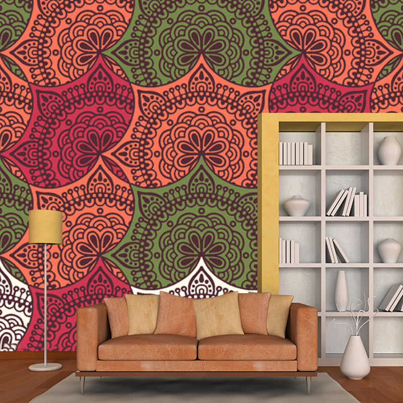 Whole Floral-Print Wall Mural Decal Orange Red Non-Woven Fabric Wall Art, Washable, Custom Size
