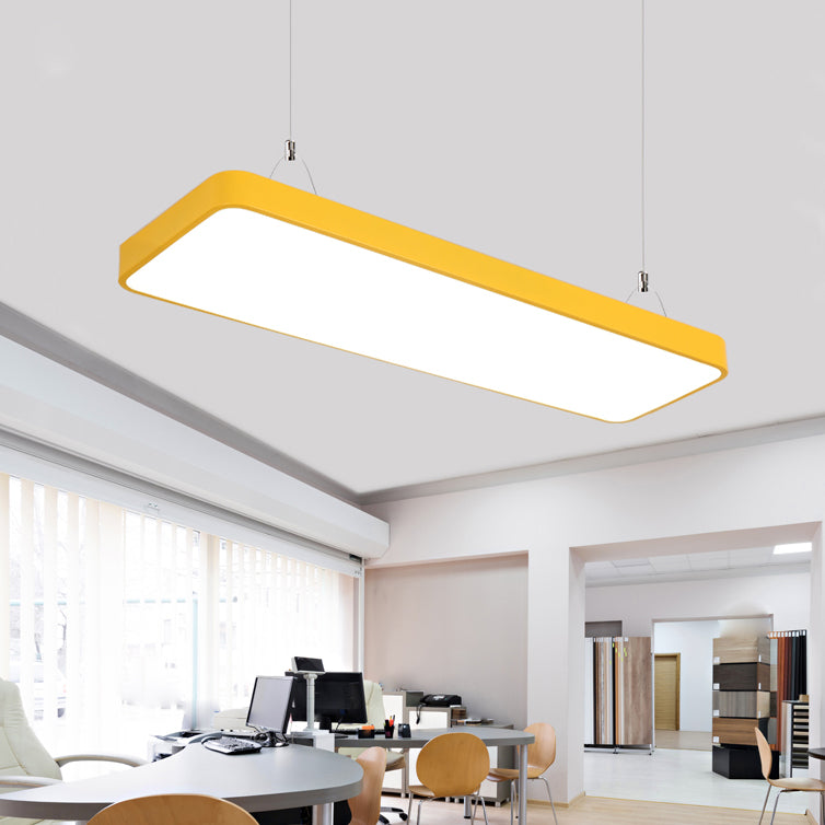 Rectangular Hanging Lamp Simplicity Metal Led 47" Long White/Blue/Yellow Ceiling Pendant Light for Office, 8"/12" Wide