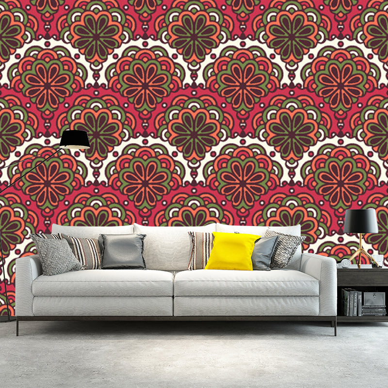 Red Flower Printed Wall Murals Stain Resistant Bohemia Bedroom Wall Covering, Non-Woven