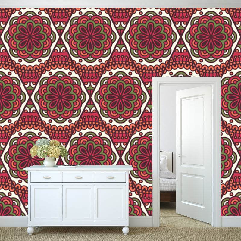 Red Flower Printed Wall Murals Stain Resistant Bohemia Bedroom Wall Covering, Non-Woven